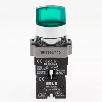Selector 3 pozitii cu retinere maner iluminat led culoarea verde 110V AC  ELS2-BK3365 1xNO+1xNC, 3A/240V AC