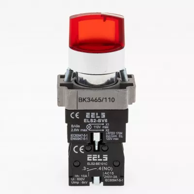 Selector 3 pozitii cu retinere maner iluminat led culoarea rosie 110V AC  ELS2-BK3465 1xNO+1xNC, 3A/240V AC