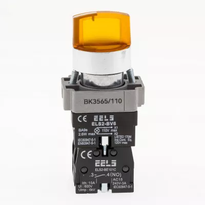 Selector 3 pozitii cu retinere maner iluminat led culoarea galbena 110V AC  ELS2-BK3565 1xNO+1xNC, 3A/240V AC