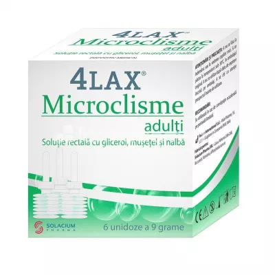 4Lax microclisme adulti, glicerina, pentru constipatie, lubrifiaza scaunele, 6 unidoze, Solacium Pharma