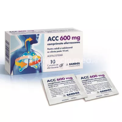 ACC 600 mg, contine acetilcisteina, indicat in tuse productiva, de la 14 ani, 10 comprimate efervescente individuale, Sandoz