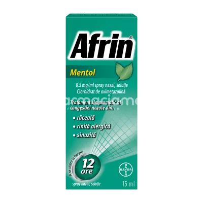 Afrin mentol 0.5mg/ml spray nazal pentru nas infundat, conține clorhidrat de oximetazolina si mentol, indicat in raceala si rinita alergica, de la 6 ani, flacon 15 ml, Bayer