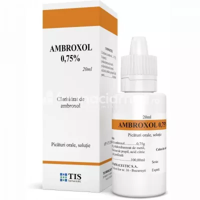 Ambroxol 0,75% picaturi orale solutie, faciliteaza dizolvarea mucusului din caile aeriene, indicat in tuse productiva, copii sub 2 ani, 20ml, Tis Farmaceutic