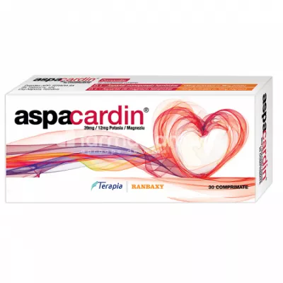 Aspacardin, contine aspartat de potasiu si aspartat de magneziu, minerale pentru inima, indicat in tulburari de ritm cardiac, 30 comprimate, Terapia