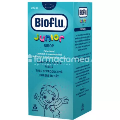 Bioflu Junior sirop, contine paracetamol, clorhidrat de pseudoefedrina si bromhidrat de dextrometorfan, indicat in tuse seaca, nas infundat si febra, de la 6 ani, 100 ml, Biofarm