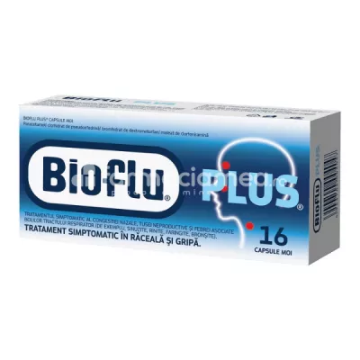 Bioflu Plus, contine paracetamol, clorhidrat de pseudoefedrina, bromhidrat de dextrometorfan si maleat de clorfeniramina, indicat in tuse seaca, nas infundat si febra,16 capsule, Biofarm