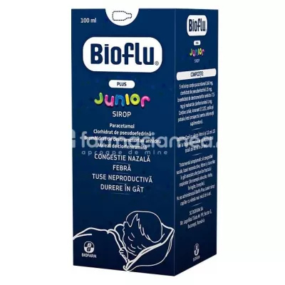 Bioflu Plus Junior sirop, contine paracetamol, clorhidrat de pseudoefedrina, bromhidrat de dextrometorfan si maleat de clorfeniramina, indicat in tuse seaca, nas infundat si febra, de la 6 ani, 100 ml, Biofarm