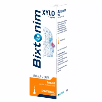 Bixtonim Xylo 1mg/ml spray, contine clorhidrat de xilometazolina, cu efect decongestionant, indicat in nas infundat, rinite, edem postoperator, de la 6 ani, 10 ml, Biofarm