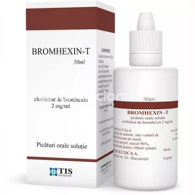 Bromhexin-T 2 mg/ml picaturi orale solutie,  indicat ca fluidifiant al secretiilor bronsice in cursul afectiunilor bronho-pulmonare insotite de secretii vascoase, 50ml, Tis Farmaceutic
