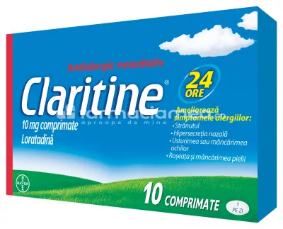 Claritine 10 mg, contine loratadina, cu efect antihistaminic, indicat in reducerea simptomelor alergiei, de la 12 ani, 10 de comprimate, Bayer
