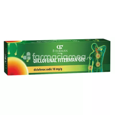 Diclofenac 1% gel, cu efect antiinflamator, indicat in tratamentul simptomatic al durerii, de la 14 ani, tub 100 g, Fiterman Pharma
