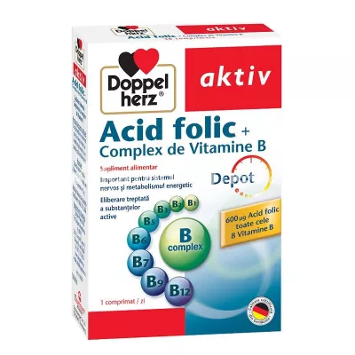 Acid folic + Complex de Vitamine , in tratamentul anemiei, sprijina sistemul imunitar si metabolismul, 30 comprimate, Doppelherz