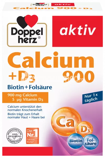 Calciu 900 mg  Vitamina D3 Biotină Acid folic supliment pentru mentinerea sanatatii oaselor, dintilor si a parului, 30 comprimate, Doppelherz