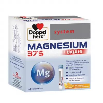 Magneziu 375mg Lichid, contine citrat de magneziu si vitamina B6, recomandat in perioadele de stres si oboseala, reduce oboseala si extenuarea, mentine sanatatea psihica, 10 flacoane unidoză, Doppelherz System