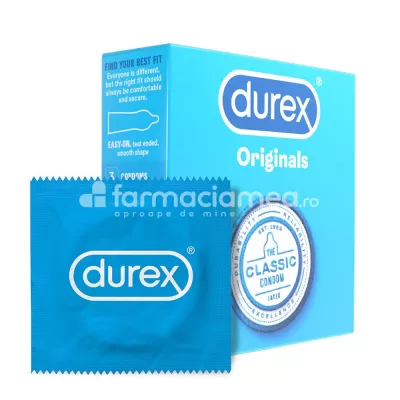 DUREX prezervativ Originals, cu lubrifiant din silicon pentru o experienta mai placuta in timpul actului sexual, 3buc, Reckitt