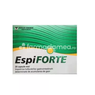 EspiFORTE 140 mg, contine simeticona, recomandat in prevenirea si inlaturarea efectelor balonarii si a gazelor, efect imediat, 20 capsule gelatinoase, Berlin-Chemie