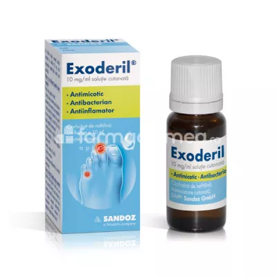 Exoderil 10 mg/g solutie cutanata, contine naftifina, indicat in ciuperca piciorului, infectii micotice, flacon 10 ml, Sandoz