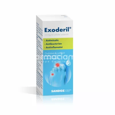Exoderil 10 mg/g solutie cutanata, contine naftifina, indicat in ciuperca piciorului, infectii micotice, flacon 20 ml, Sandoz