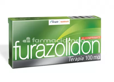 Furazolidon 100mg, cu actiune bactericida, indicat in tratamentul infectiilor intestinale determinate de bacterii, enterite, enterocolite infectioase, toxiinfectii alimentare, 20 de comprimate, Terapia