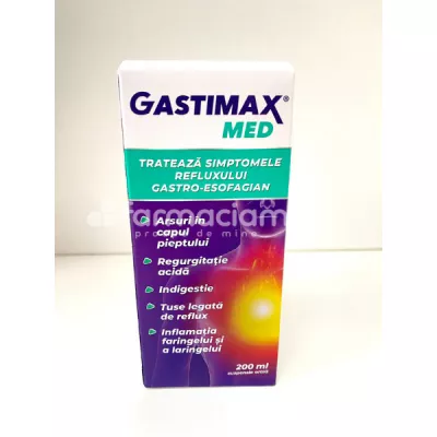 Gastimax Med suspensie orala, recomandat pentru tratamentul simptomelor refluzului gastro esofagian, calmeaza arsurile din capul pipetului, combate indigestia, tusea si are efect antiinflamator, 200 ml, Fiterman Pharma