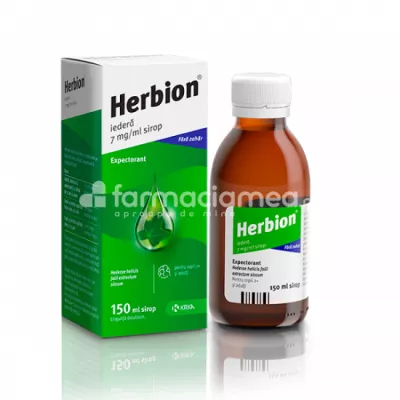 Herbion iedera sirop 7 mg/ml, contine extract uscat de frunza de iedera, cu efect expectorant, indicat in tuse productiva, de la 2 ani, flacon 150 ml, Krka