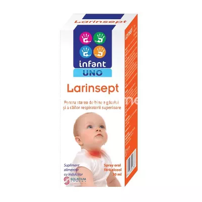 Infant Uno Larinsept spray oral, contine propolis, vitamina C si musetel, recomandat in tratarea amigdalitei, faringitei, laringitei, protejeaza si calmeaza gatul iritat si inflamat, indeparteaza senzatia de uscaciune a gatului, are rol protector, su