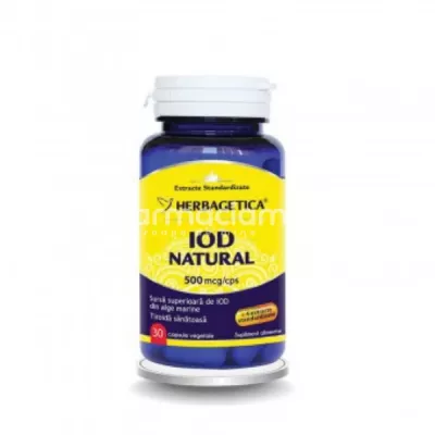 Iod natural, recomandat in tratamentul deficitului de iod, asigura sanatatea glandei tiroide si creste productia hormonilor tiroidieni, 30 capsule, Herbagetica