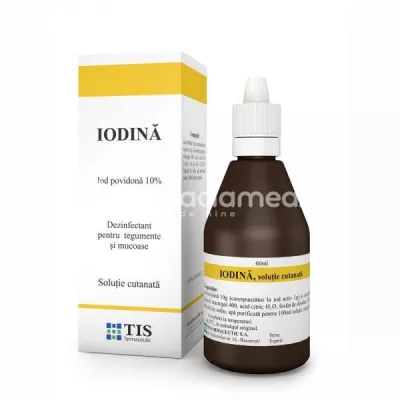 Iodina 100mg/ml solutie cutanata, contine iod povidona, antiseptic cu spectru larg, indicat in dezinfectia pielii si mucoaselor, 60ml, Tis Farmaceutic