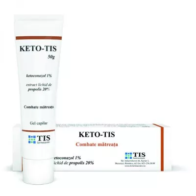 Keto-Tis gel capilar, contine ketoconazol si extract lichid de propolis, indicat in combaterea matretii, 50g, Tis Farmaceutic