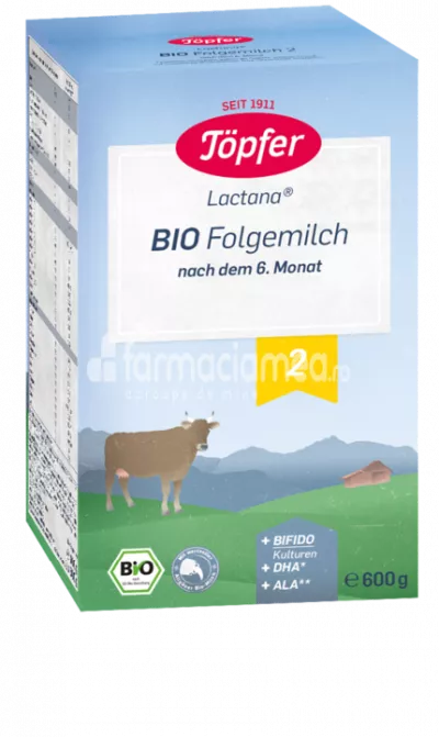 Lactana Bio 2 lapte praf, de la 6 luni, 600 g, Topfer