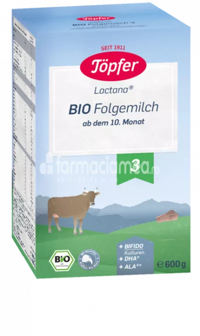 Lactana Bio 3 lapte praf, de la 10 luni, 600 gr, Topfer