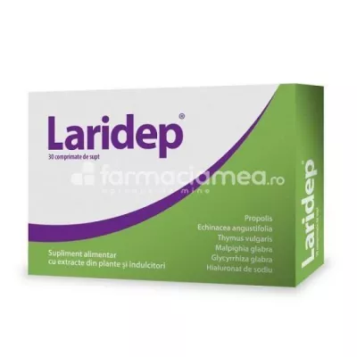 Laridep, recomandat in tratarea durerii in gat, reduce inflamatia, calmeaza durerea si senzatia de uscaciune, inhiba multiplicarea virusurilor, 30 comprimate de supt, Dr. Phyto
