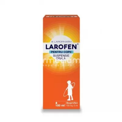 Larofen pentru copii, contine ibuprofen 100 mg/ 5 ml suspensie orală, pentru febra si raceala, 100 ml, Laropharm