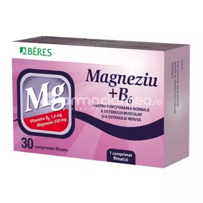 Magneziu 250 mg si B6, recomandat in perioadele de stres si oboseala si pentru combaterea crampelor musculare, reduce oboseala si extenuarea, reduce aparitia crampelor musculare, mentine sanatatea inimii,  30 comprimate filmate, Beres