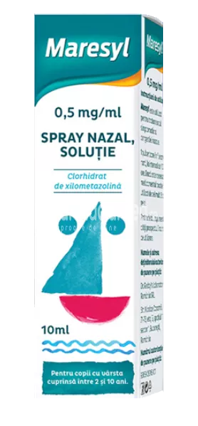 Maresyl 0.5mg/ml spray nazal solutie, contine clorhidrat de xilometazolina, cu efect decongestionant, indicat in rinita alergica si sinuzita, de la 2 ani, flacon 10ml, Dr. Reddy's