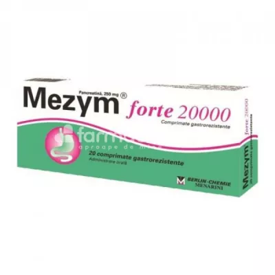 Mezym Forte 20000, contine pancreatina, indicat in tulburari produse de pancreatita, actioneaza prin digerarea alimentelor care trec in intestin, elimina gazele din intestin si amelioreaza disconfortul si balonarea, 20 comprimate, Berlin Chemie