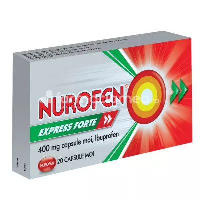 Nurofen Express forte 400mg, contine ibuprofen, cu efect analgezic, antiinflamator si antipiretic, indicat in cefalee, dureri menstruale, dureri de dinti, febra si raceala, de la 12 ani, 20 capsule moi, Reckitt