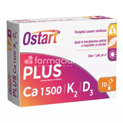 Ostart Plus Ca 1500 + K2 + D3, mentine sanatatea oaselor, 10 plicuri, Fiterman Pharma