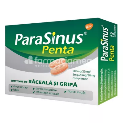 Parasinus Penta, contine paracetamol, cafeina, terpinhidrat, clorhidrat de fenilefrina si acid ascorbic, cu efect analgezic si antipiretic, indicat in tratarea simptomelor de raceala si gripa, febra, decongestie nazala, tuse productiva, de la 12 ani,
