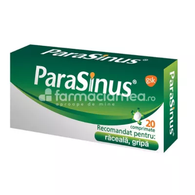 Parasinus, indicat in rinite alergice si vasomotorii, raceala si gripa, dureri usoare si moderate, de la 12 ani, 20 comprimate, Gsk