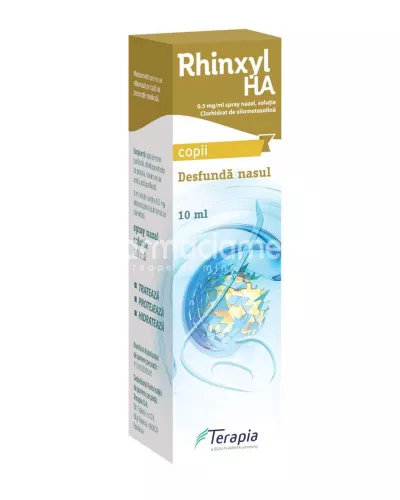 Rhinxyl copii HA 0,5mg/ml spray nazal, contine xilometazolina si acid hialuronic, cu efect decongestionant si hidratant, indicat in rinira si sinuzita, de la 2 ani, flacon 10ml, Terapia