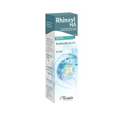 Rhinxyl HA 1mg/ml spray nazal, contine xilometazolina si acid hialuronic, cu efect decongestionant si hidratant, indicat in rinira si sinuzita, de la 12 ani, flacon 10ml, Terapia