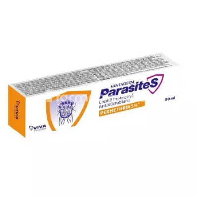 Crema protectiva antimicrobiana cu Permetrina 5% Parasites Santaderm, 50 ml, Viva Pharma