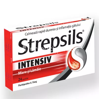 Strepsils Intensive, contine flurbiprofen, cu efect antiinflamator, indicat in dureri severe in gat, de la 12 ani, 24 de pastile, Reckitt