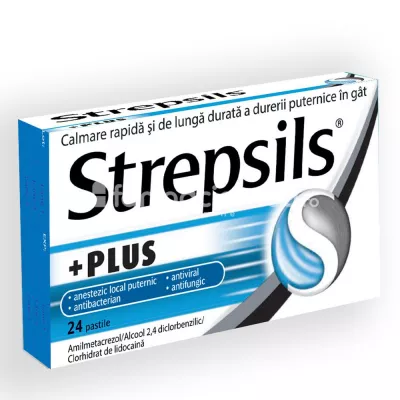Strepsils Plus, contine amilmetacrezol, alcool 2,4 diclorbenzilic si lidocaina,  cu efect antibacterian, antifungic si antiviral, indicat in durere severa in gat si inflamatia mucoasei cavitatii bucale, de la 12 ani, 24 de pastile, Reckitt