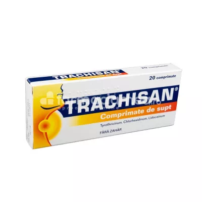 Trachisan, contine tirotricina, clorhexidina si lidocaina, indicat in inflamatiile mucoasei bucale, gingiilor, alveolelor dentare, amigdalitelor si inflamatia limbii, de la 4 ani, 20 comprimate de supt, Engelhard Arzneimittel
