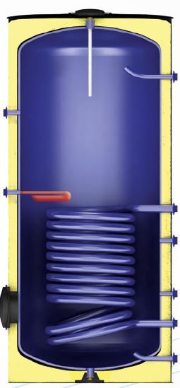 Boiler cu o serpentina FORNELLO SOL 200 LT 1S, pentru centrala termica si solar, montaj pe sol, izolatie termica, manta de protectie , flansa de vizitare 