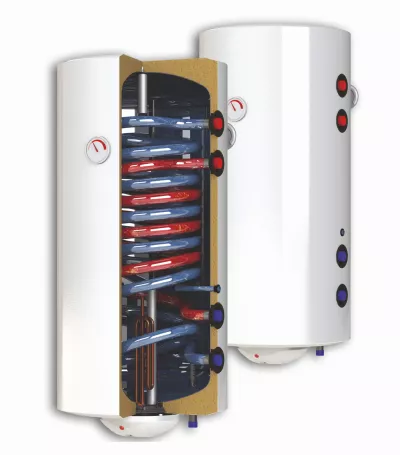 Boiler termoelectric Sunsystem BB NL2 150 PRL 3KW cu doua serpentine, 150 litri, putere serpentina 15 kw, putere electrica 3 KW, serpentine pe partea dreapta, reglaj extern al temperaturii, izolatie termica