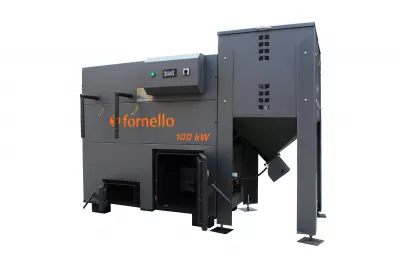 Centrala pe peleti Fornello Eco Energy 100 kW, echipata cu automatizare, afisaj digital, arzator fonta, curatare mecania a drumurilor de fum, buncar peleti integrat 350 kg