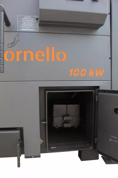 Centrala pe peleti Fornello Eco Energy 125 kW, echipata cu automatizare, afisaj digital, arzator fonta, curatare mecania a drumurilor de fum, buncar peleti integrat 410 kg